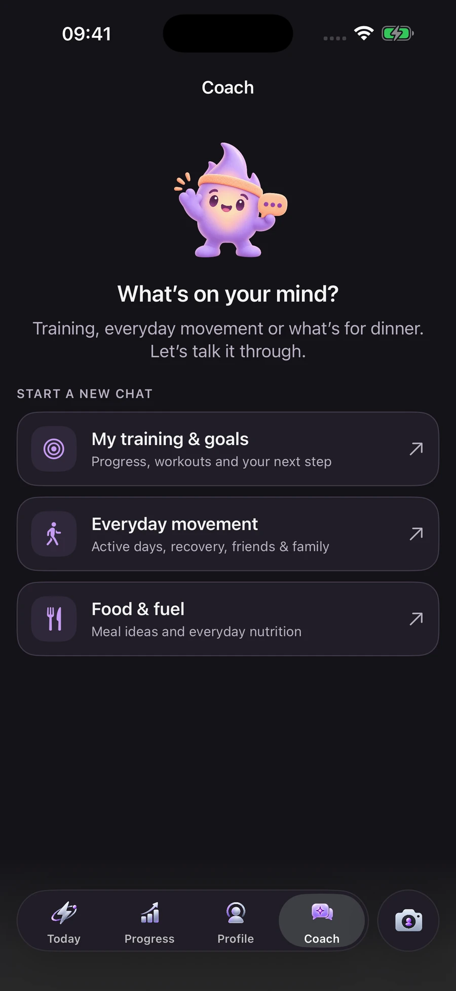 JINVO’s Coach screen with Spark and chats for training and goals, everyday movement, and food and fuel