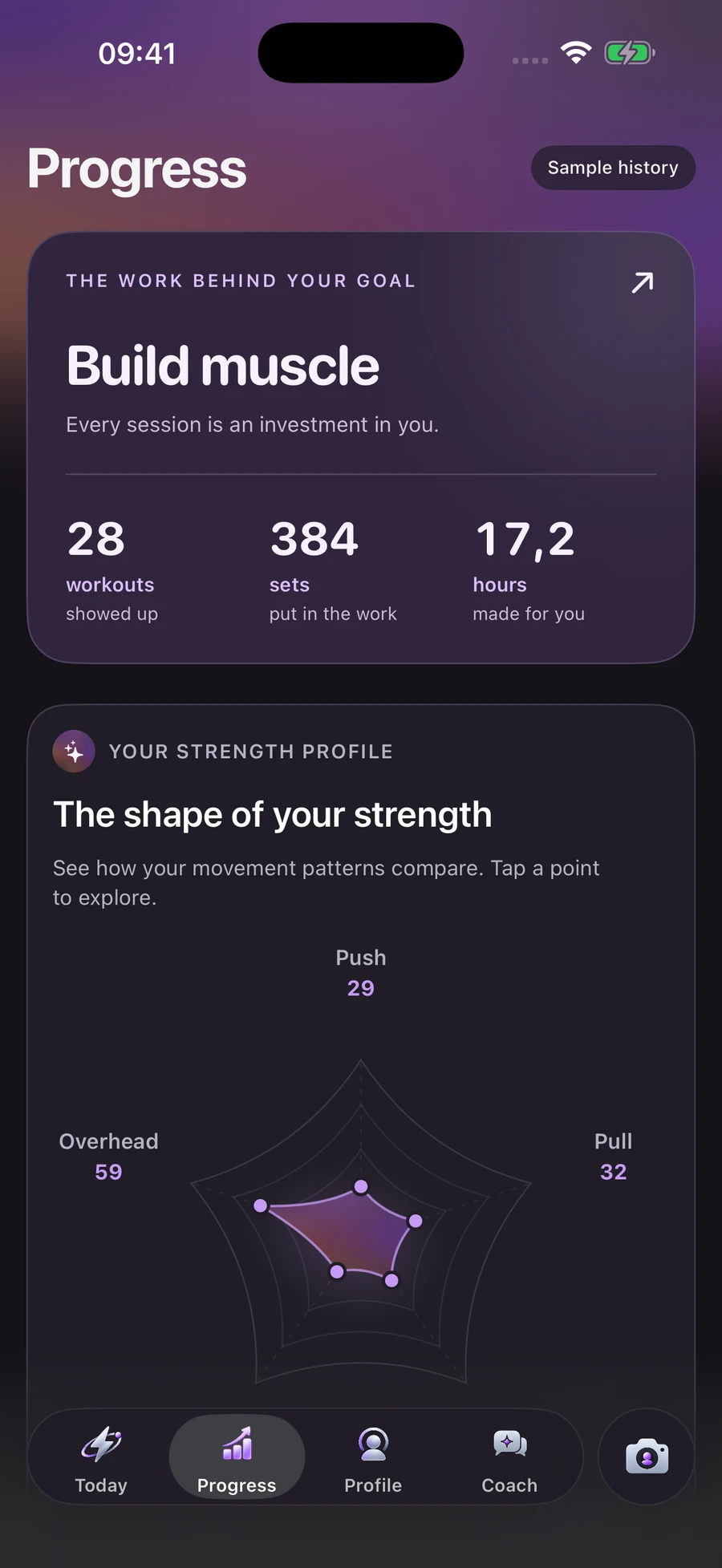 JINVO’s current Progress screen with sample workout totals and a strength profile chart