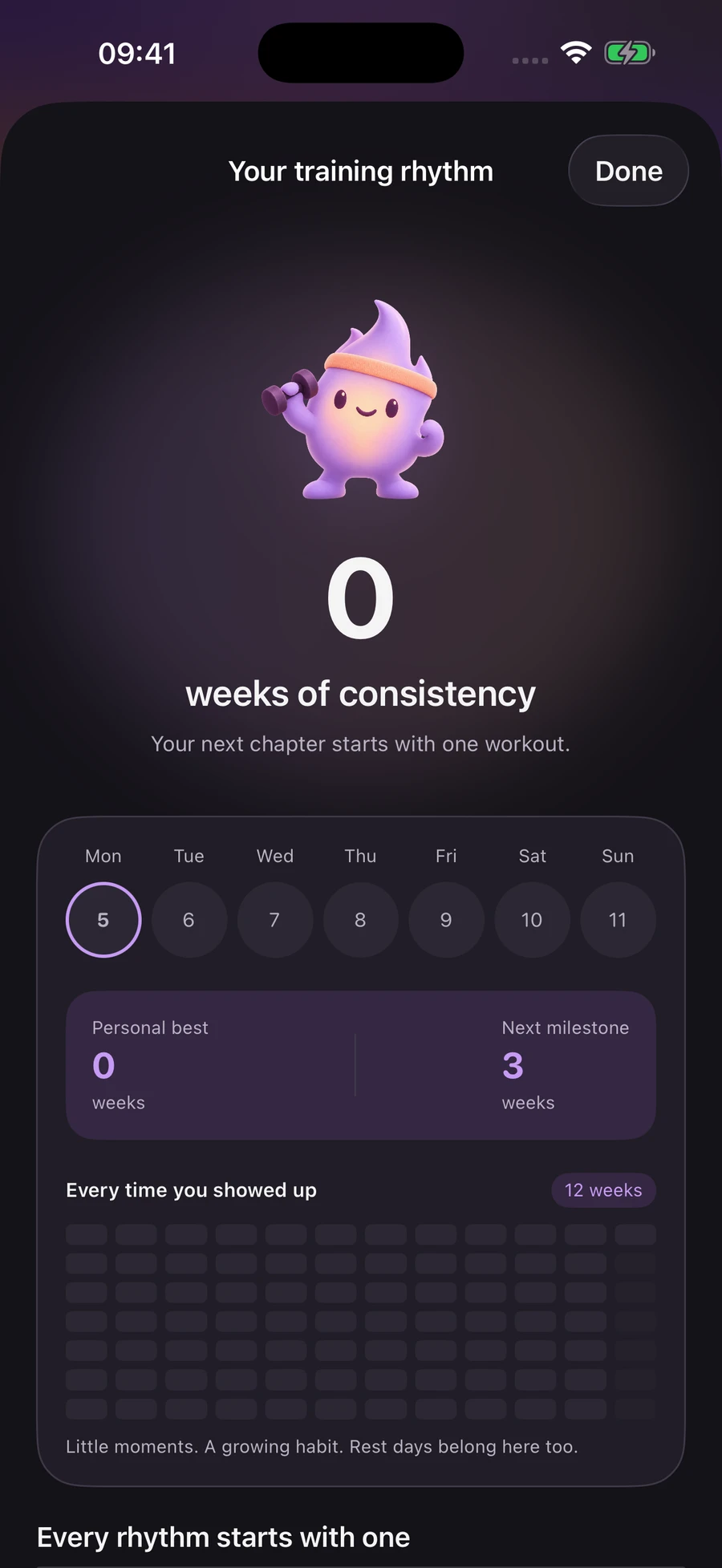 Your training rhythm screen with Spark, weekly consistency, personal best and an activity calendar