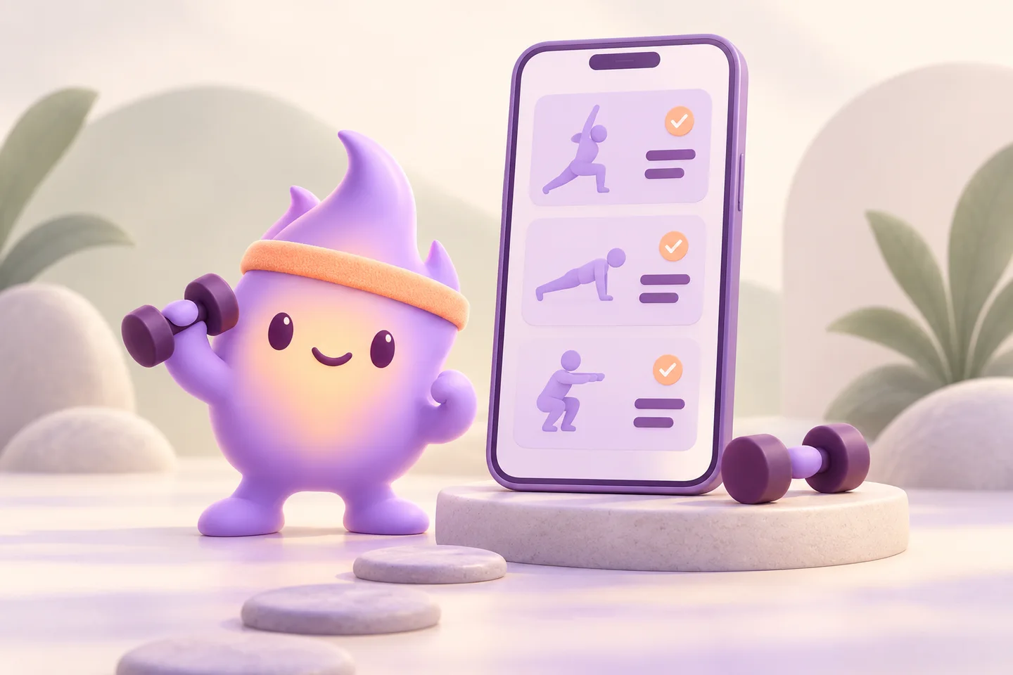Spark beside a phone with abstract workout cards in a calm lilac and sage studio