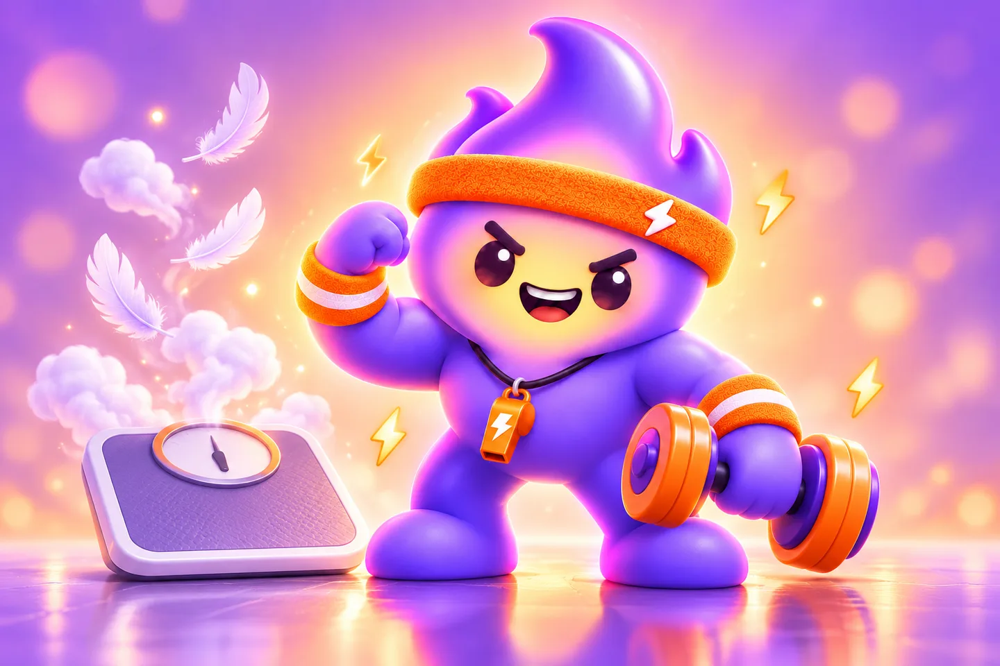Spark flexing one arm and holding an orange dumbbell beside a bathroom scale, with feathers and clouds drifting up from the scale