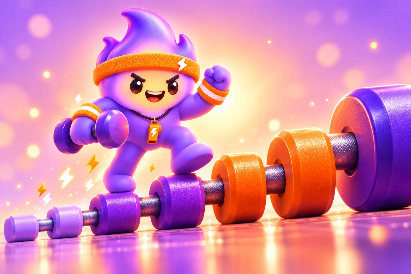 Spark, the purple flame mascot in an orange headband, stepping up a row of dumbbells that grow from small and purple to large and orange