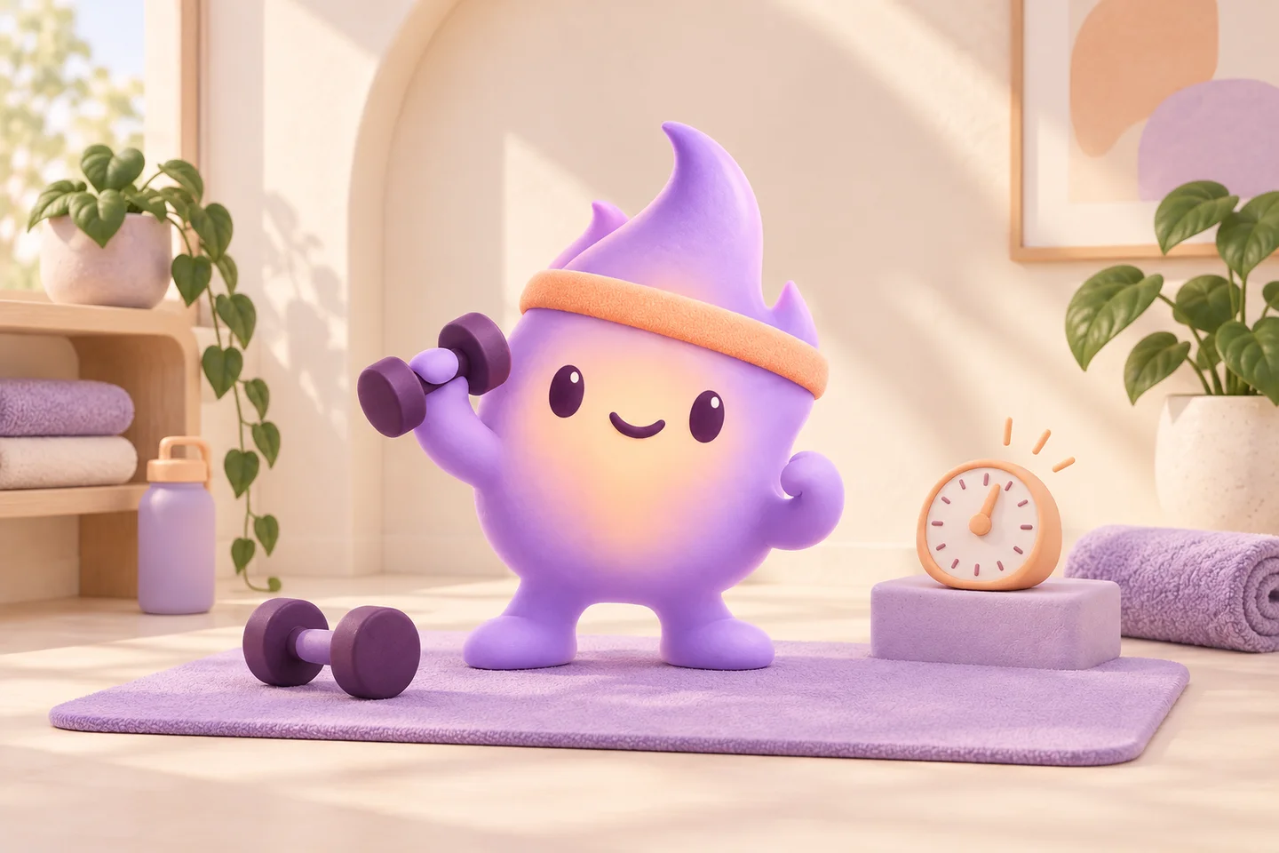 Spark with purple dumbbells on a lavender mat beside a peach timer in a sunny home workout space