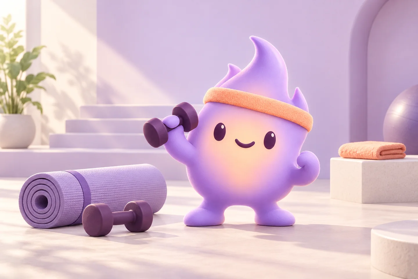 Spark beside dumbbells and a rolled exercise mat in a soft lilac gym