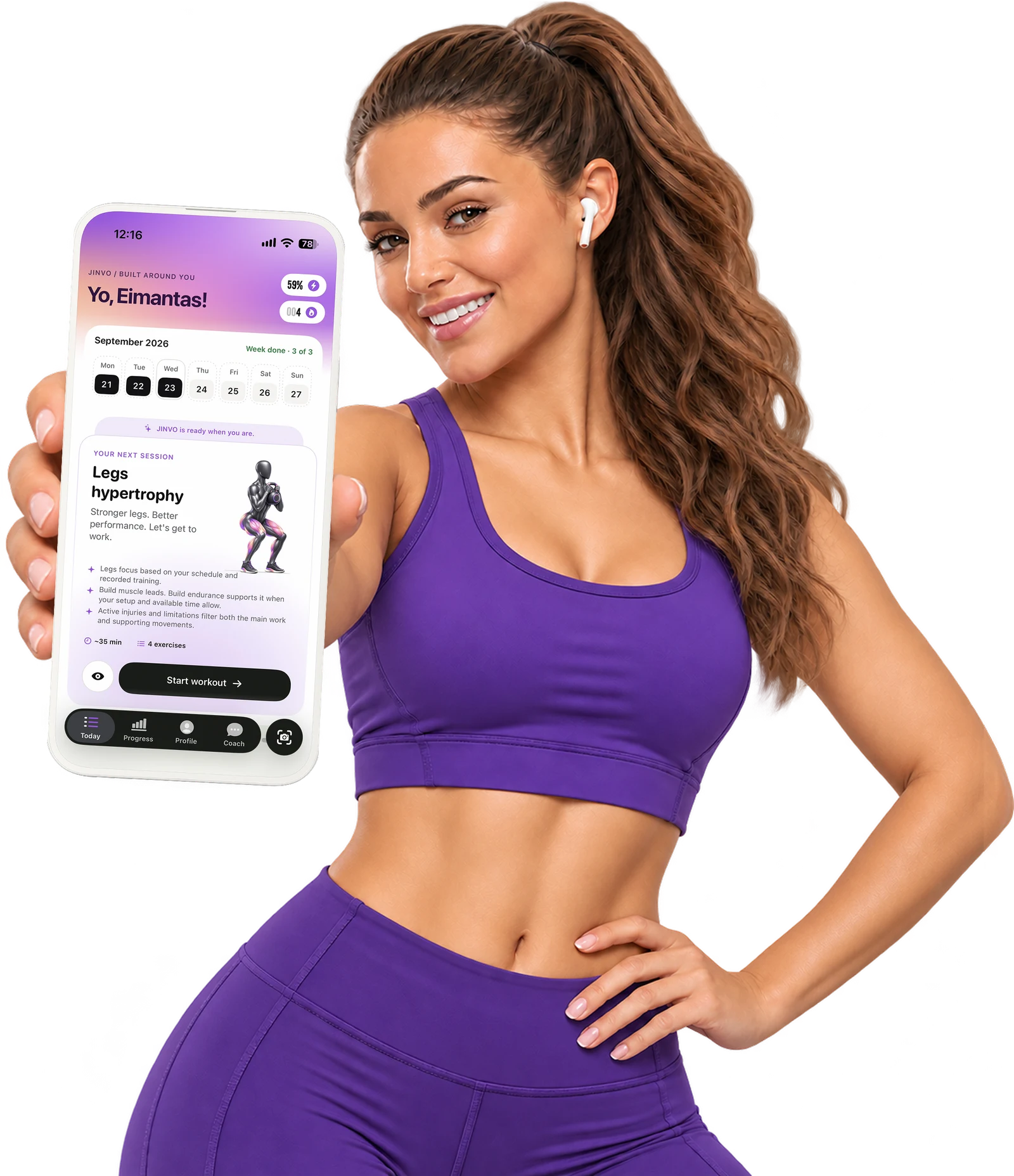 Athlete holding an iPhone showing her personalized JINVO workout plan