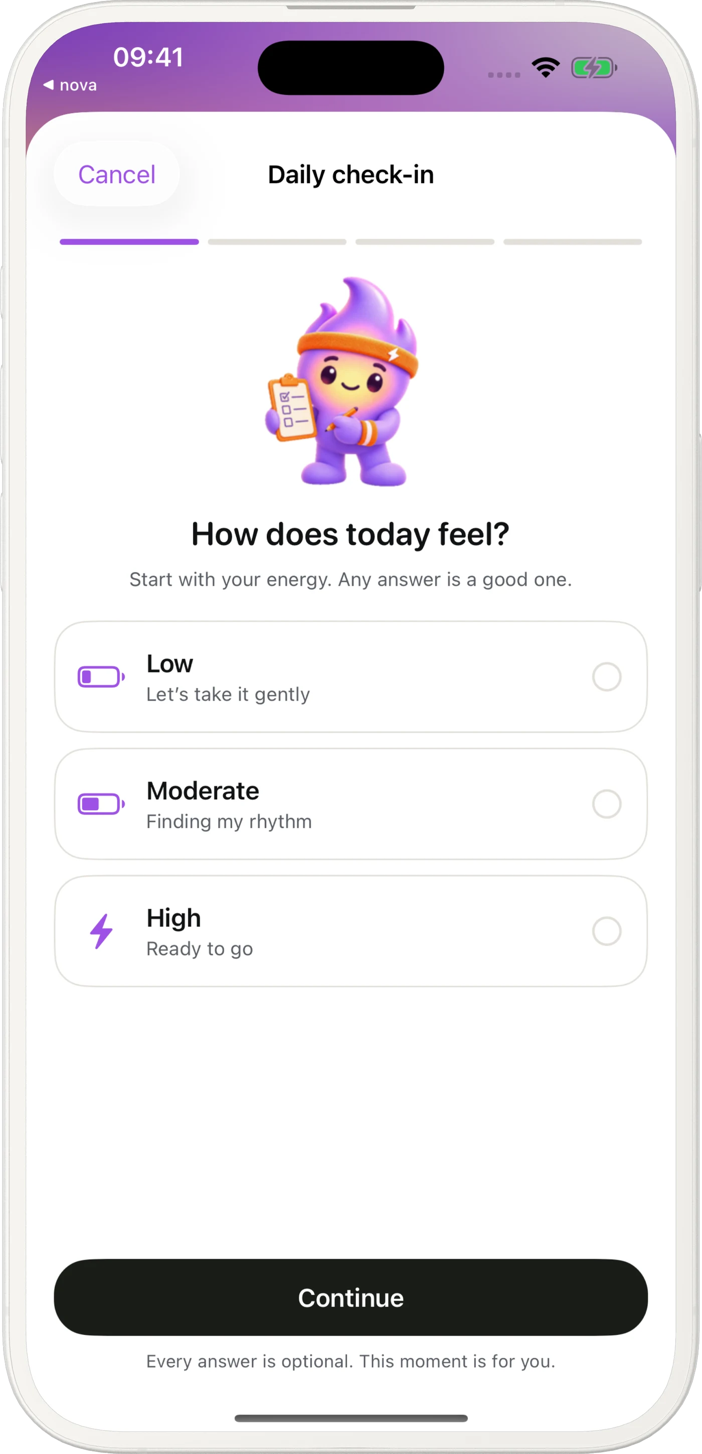 Light appearance daily check-in with energy and recovery choices
