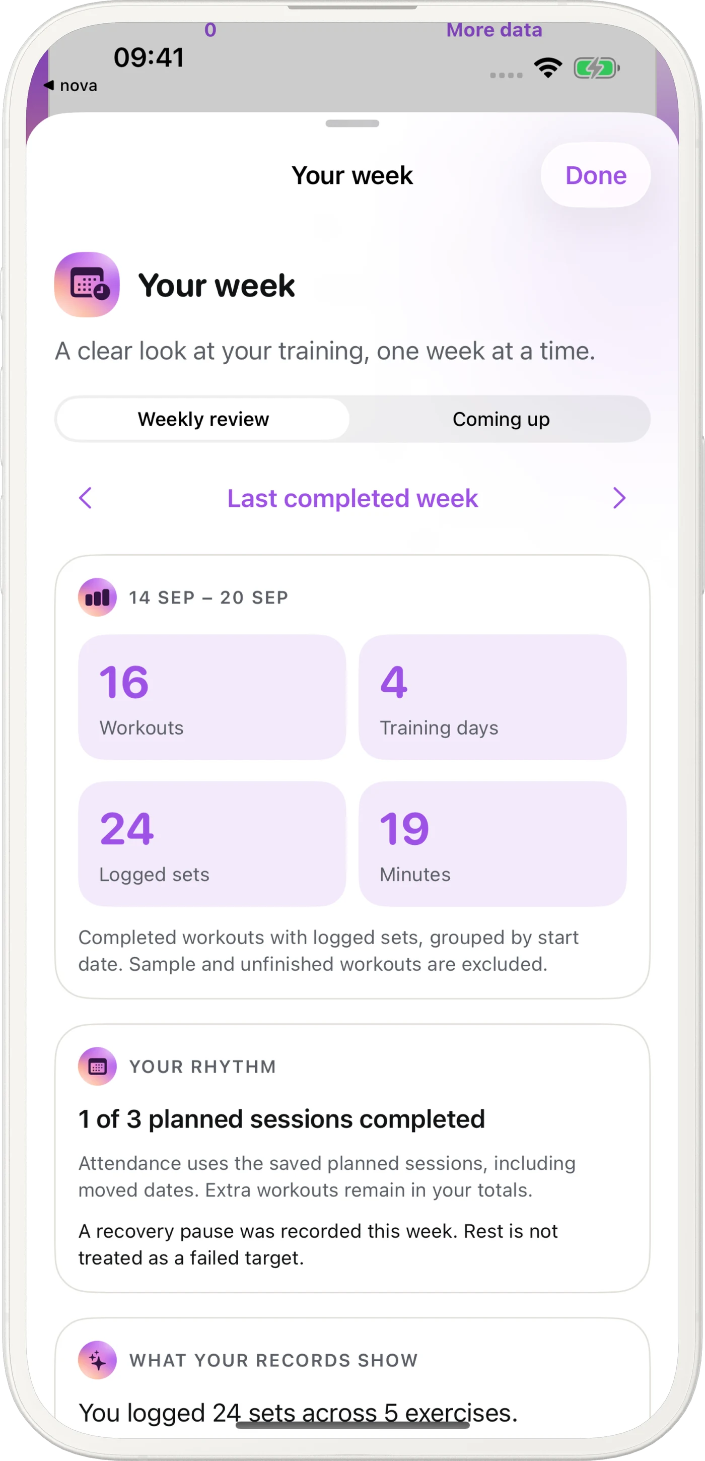 JINVO weekly review showing training activity and a Coming up tab for the next seven days